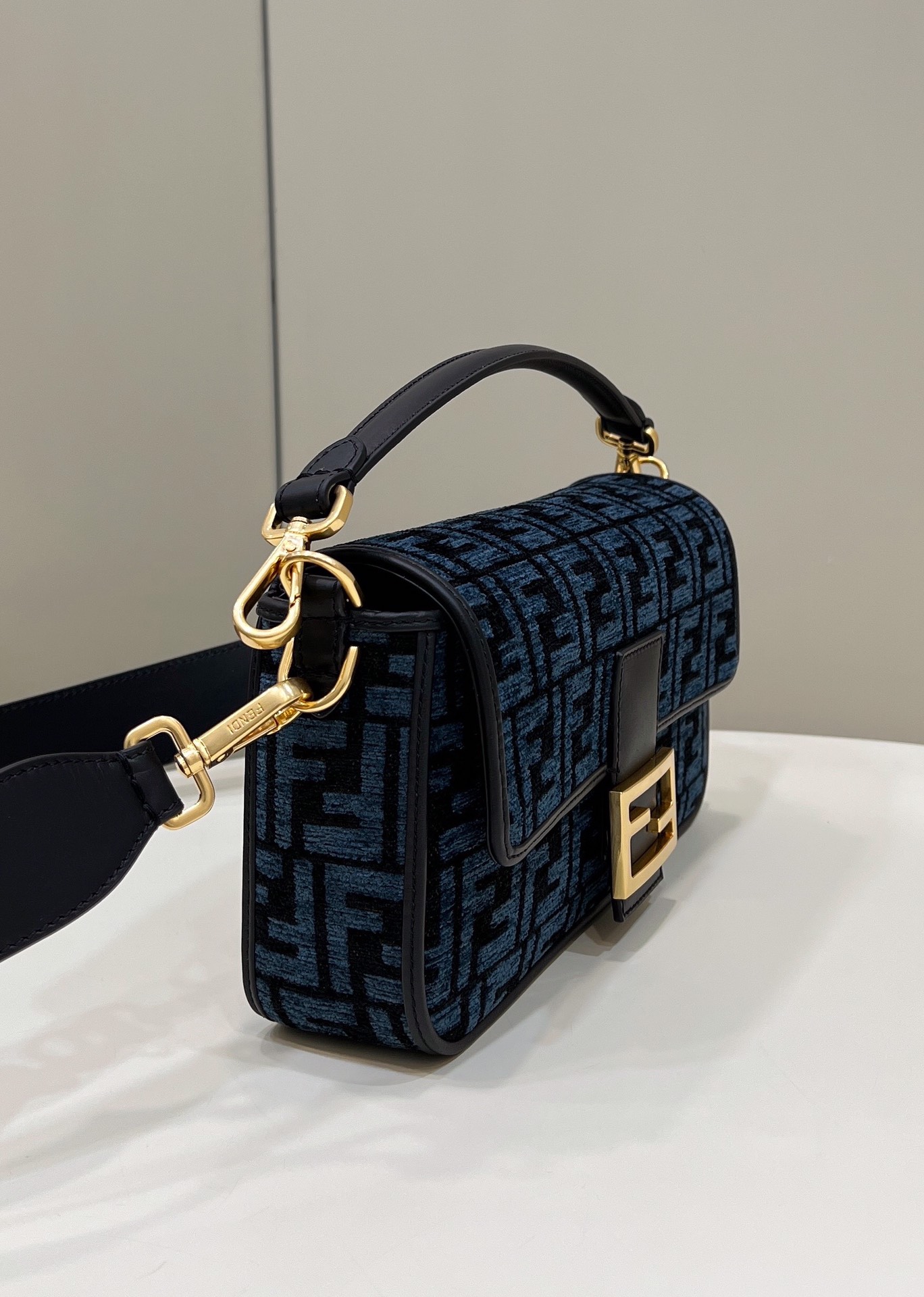 Fendi Medium Baguette FF Chenille Shoulder Bag Dark Blue